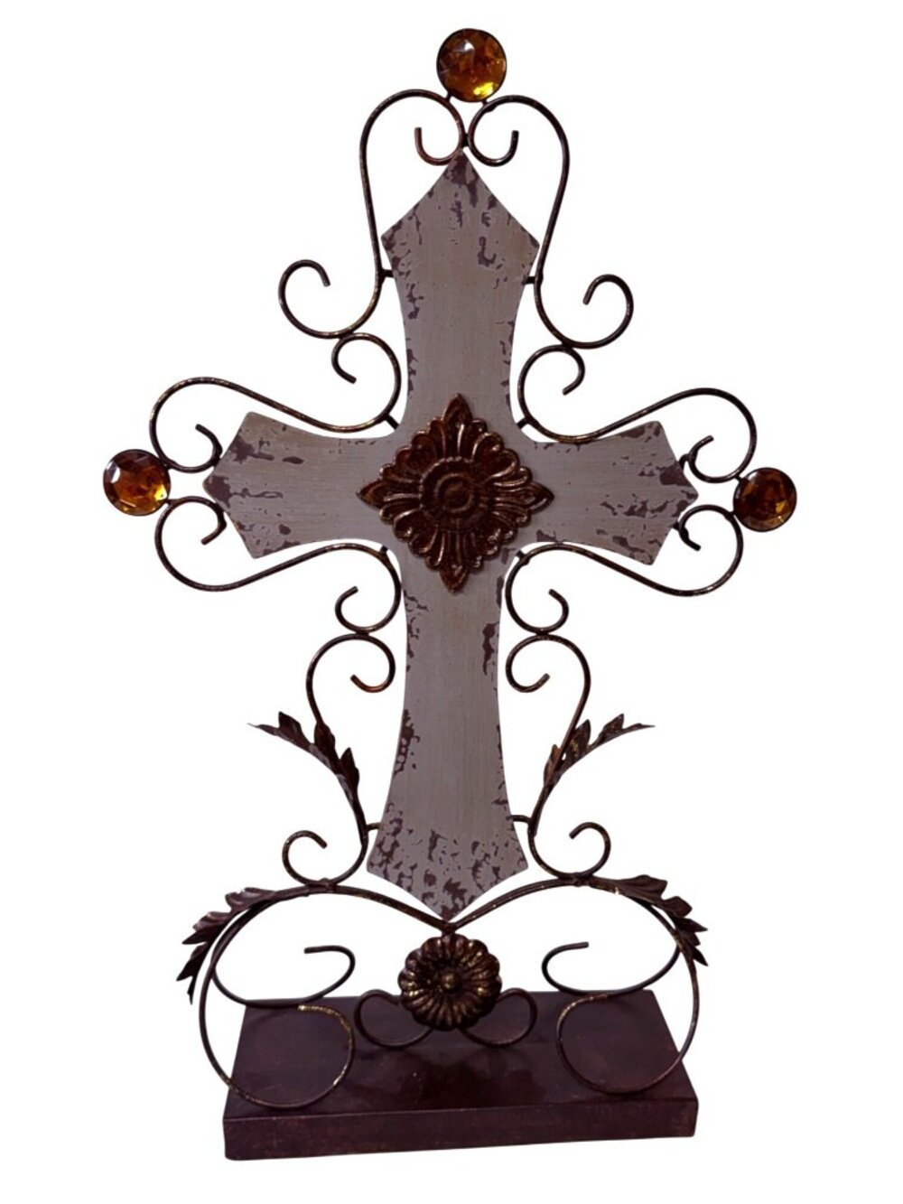 Ornate Metal Standing Altar Cross with Amber Gems – Farmhouse Decor, shabby chic